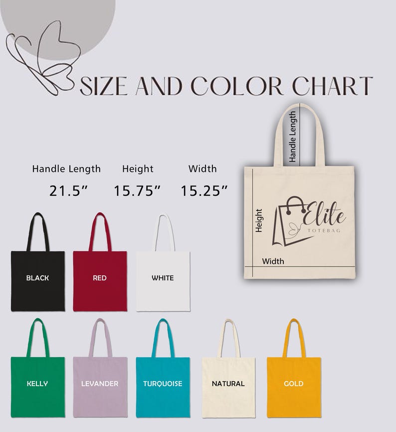 a tote bag with the size and color chart