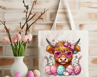 Easter Cow Tote Bag, Easter Tote Bag, Highland Cow Tote, Floral Cow Bag, Spring Tote Bags, Cute Tote Bag, Girls Tote, Easter Egg Hunt Bag