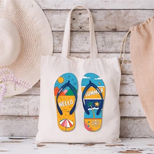 Hello Summer Flip Flop Tote Bag, Beach Tote for Women, Summer Vacation Bag, Cute Graphic Canvas Bag, Gift for Summer Lovers, Gift For Her