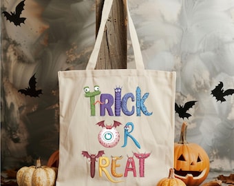 Funny Trick or Treat Bag, Kids Halloween Tote Bag, Halloween Monster Tote Bag, Halloween Party Tote Bag, Halloween Tote Bag Gifts for Kids