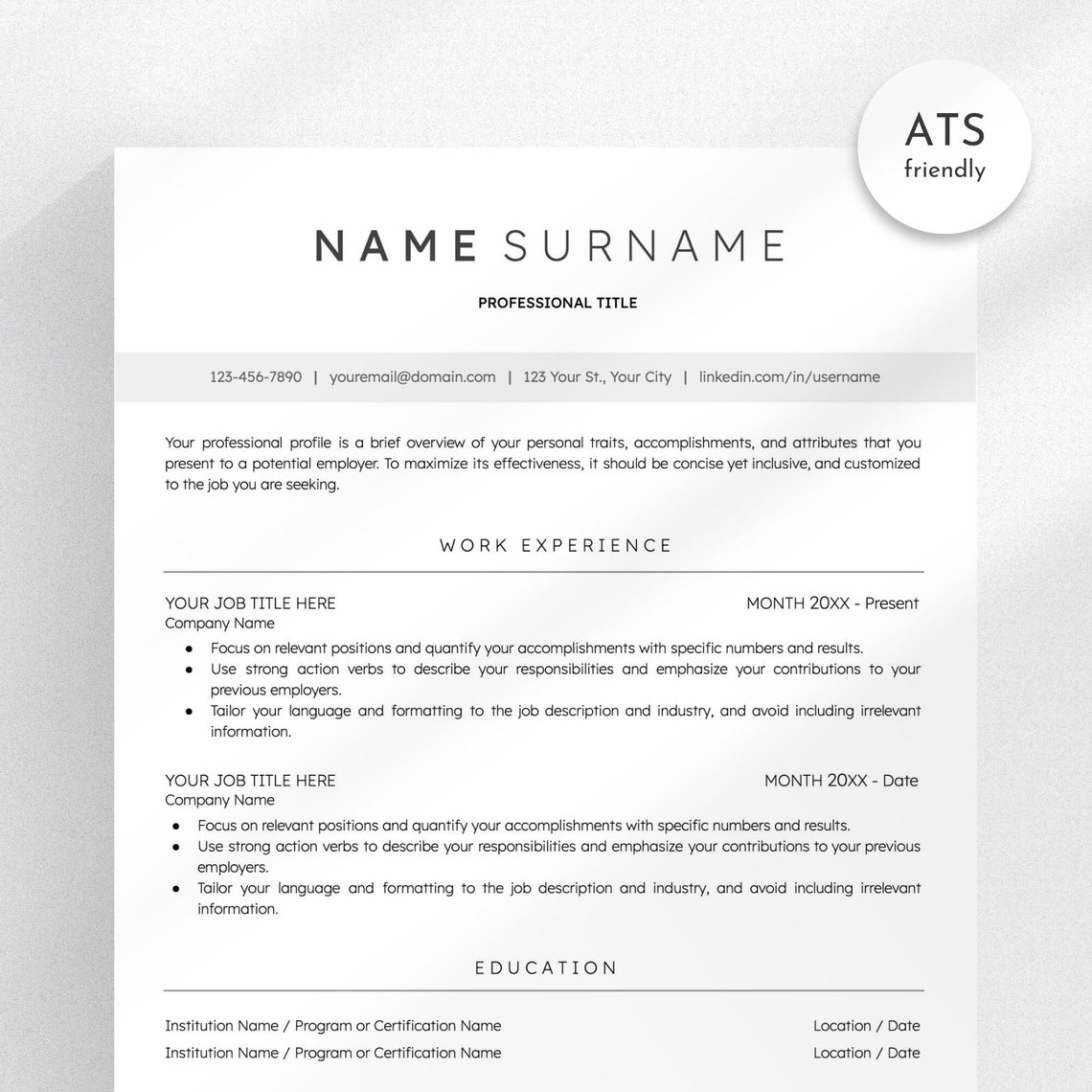 ATS Friendly Resume Template for Microsoft Word, Cover Letter and ATS Friendly Resume Template for Microsoft Word, Cover Letter and