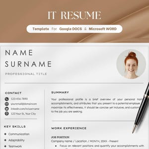 May include: A white resume template with the title "IT Resume" and sections for contact information, key skills, work experience, and a summary. The template is designed for Google Docs and Microsoft Word.