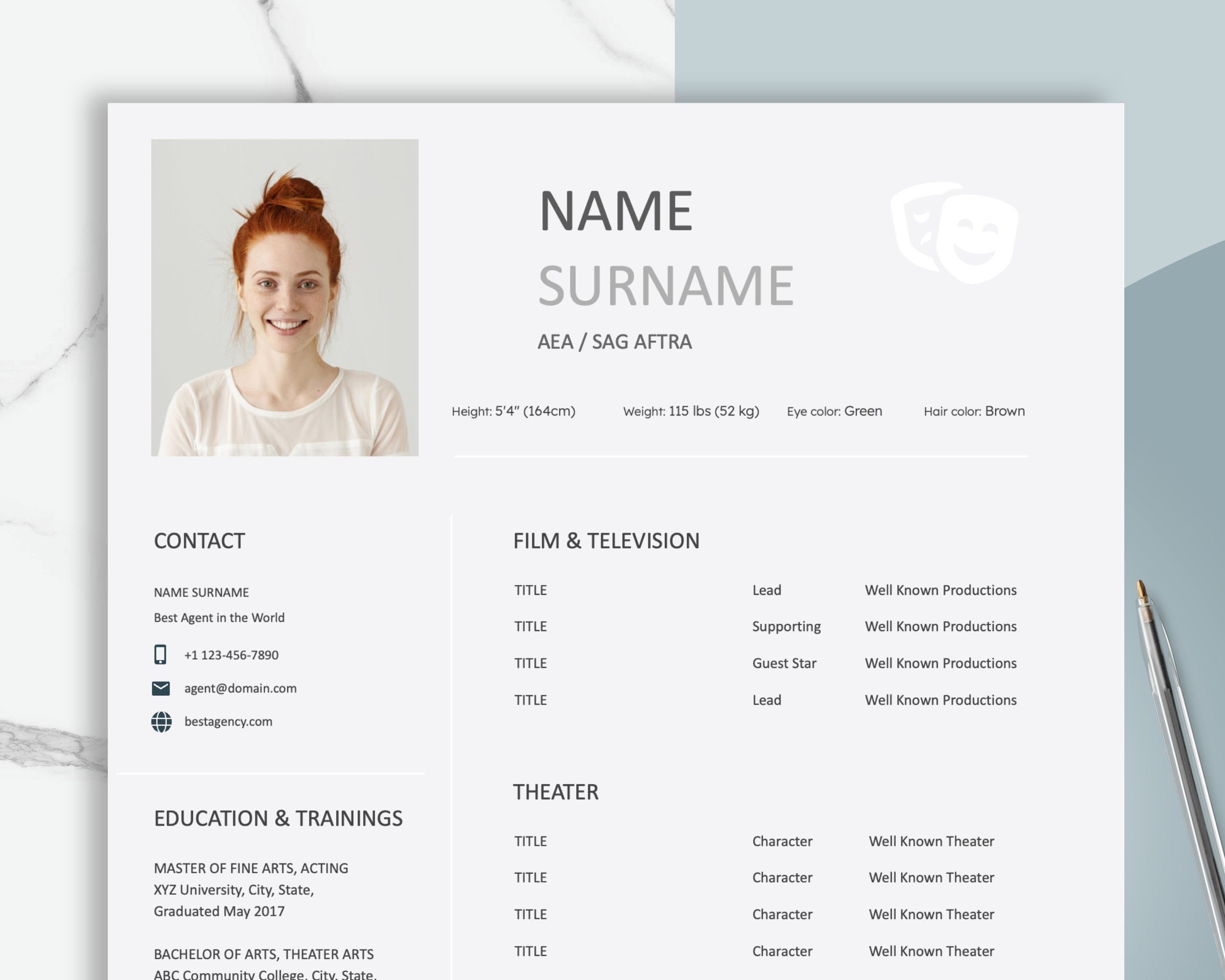 Actor Resume Template Google Docs Acting Creative and Clean - Etsy