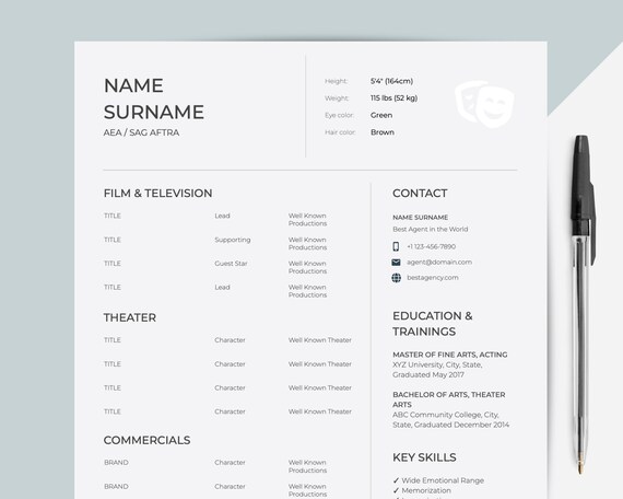 Actor Resume Template Google Docs Creative Acting Resume - Etsy