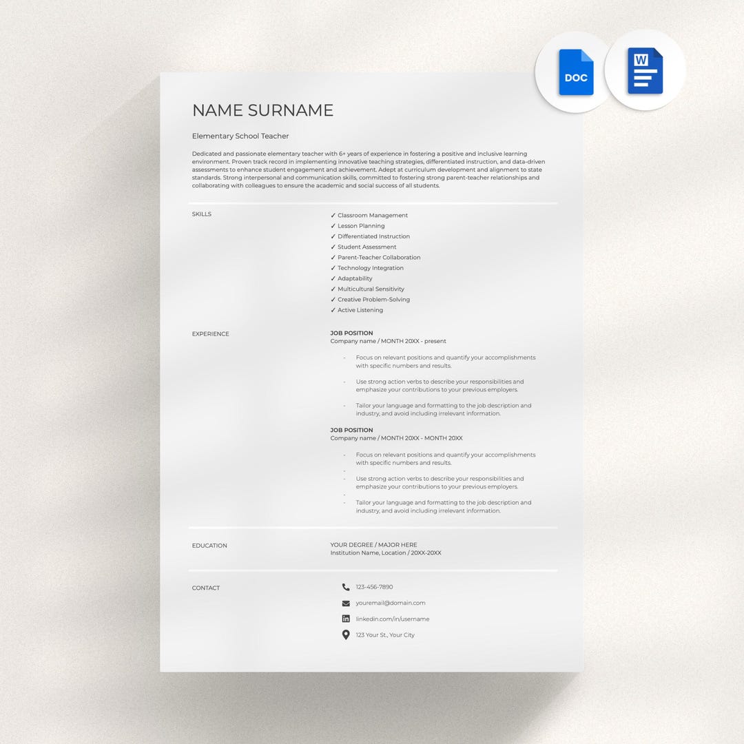 Modern Resume Template for Google Docs, Microsoft Word, CV Template ...