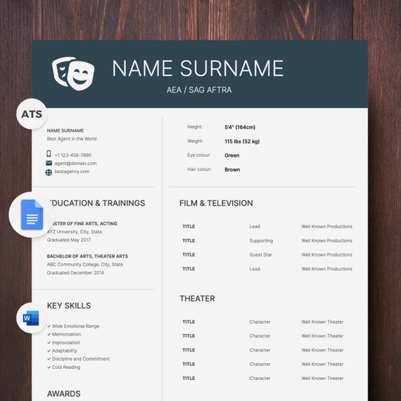 Actor Resume Template Google Docs Creative and Clean Acting - Etsy