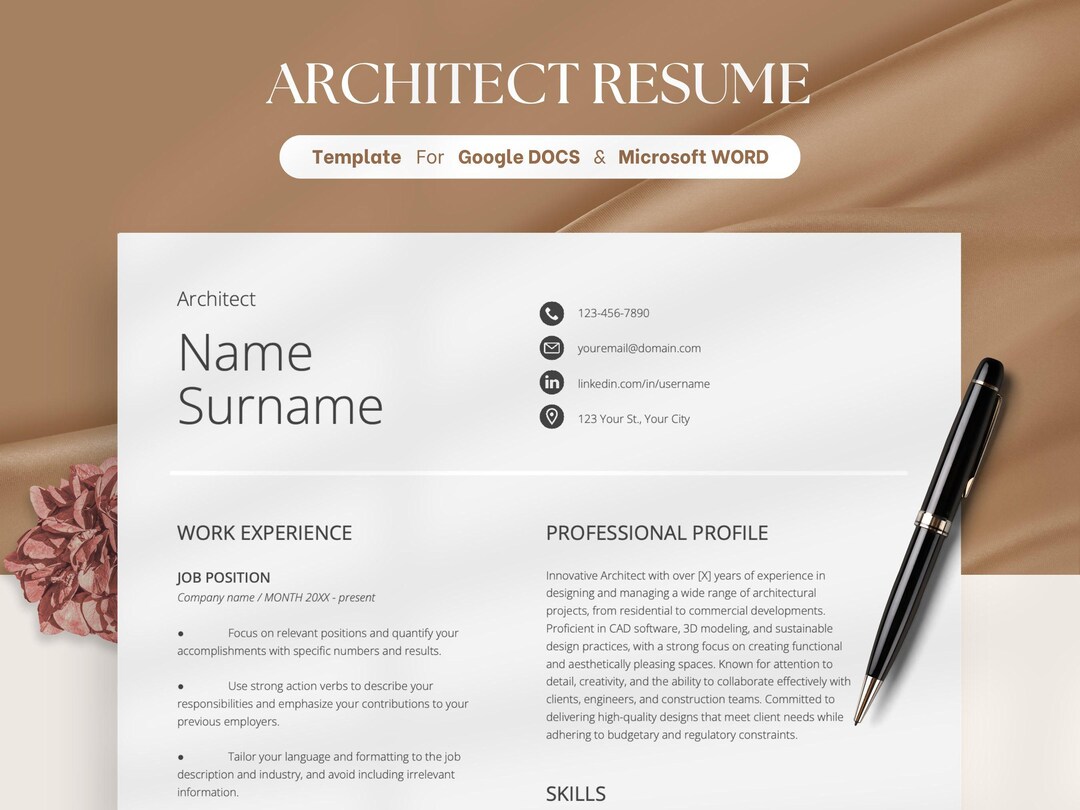 Architecture Resume Template, ATS Friendly CV, Google Docs & Word (PDF