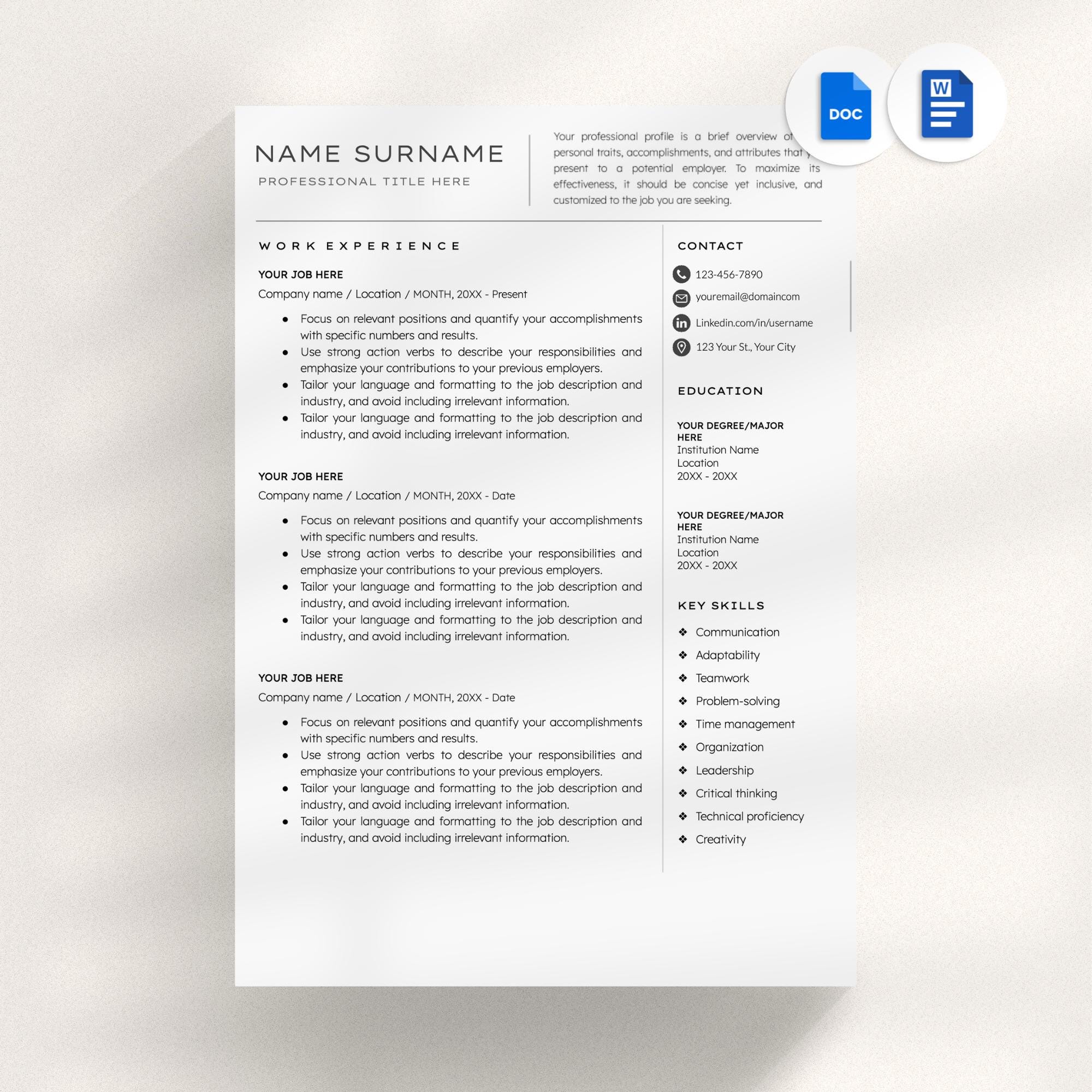 Modern Resume Template, Cover Letter, Google Docs & Word (digital ...