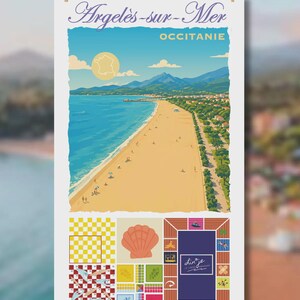 Könnte beinhalten: Ein Vintage-Reiseposter für Argeles-sur-Mer, Frankreich, mit einer Strandszene mit goldenem Sandstrand, blauem Ozean und Bergen. Das Poster enthält den Text "Argelès-sur-Mer" und "Occitanie" sowie dekorative Elemente.