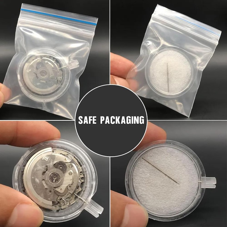 K&ouml;nnte beinhalten: Vier Bilder, die Uhrwerke und Zeiger zeigen, verpackt in transparenten Plastikt&uuml;ten. Die Uhrteile sind durch die transparente Verpackung sichtbar. Der Text "SAFE PACKAGING" wird in einem schwarzen Kreis angezeigt.
