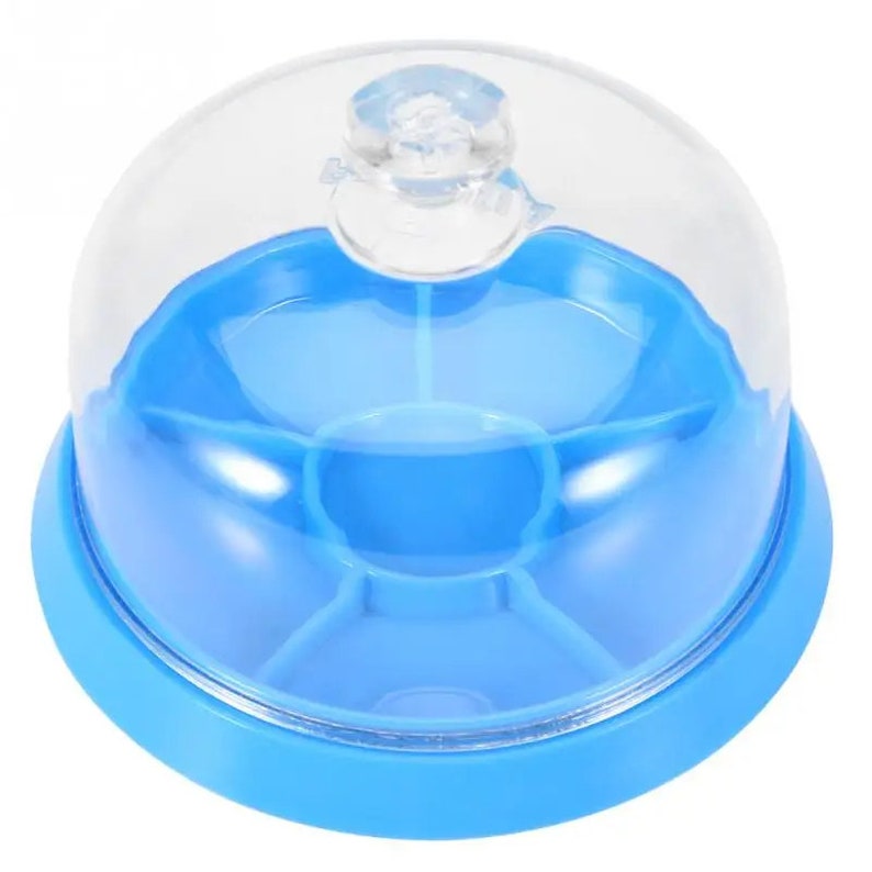 May include: A blue plastic storage container with a clear dome lid. The container has six compartments and is ideal for storing small items.