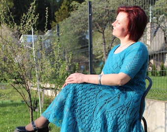 Hand Knit Blue Mohair Dress: Evening Wedding Gown, Size M