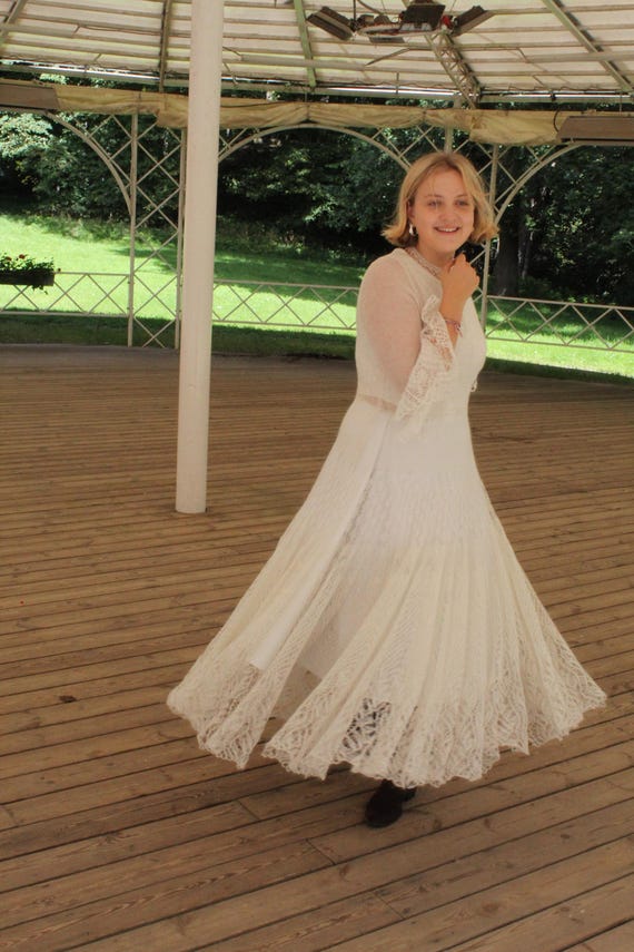 Hand Knit Mohair Wedding Dress, Long Sleeve Lace Skirt Hand Knit Mohair Wedding Dress, Long Sleeve Lace Skirt