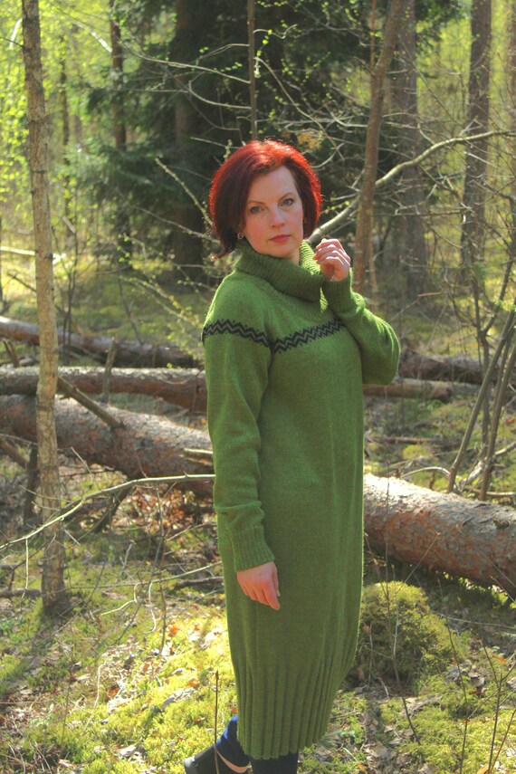 Handmade Alpaca Wool Dress: Green Oversize Knit Sweater Dress