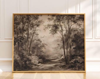 Antique Moody Charcoal Landscape Physical Print Brown Landscape Painting Wall Art Vintage-Decoration Sketch Woodland Art Muted Tonal Art