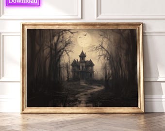 Halloween Vintage Print Haunted House Wall Art Dark Academia Print Spooky House Printable Art Digital Download Art Print Halloween Poster
