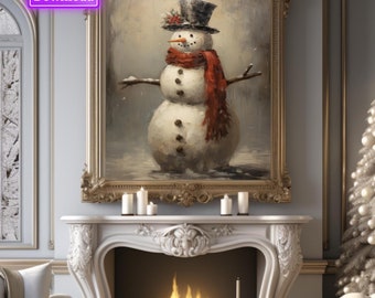 Quadro de Natal Vintage com Boneco de Neve para Imprimir, Arte de Parede Natalina, Decoração de Natal, Arte de Inverno, Decoração Sazonal, Decoração de Natal