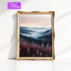 Moody Landscape Print Vintage Printable Wall Art Maroon Wildflower Painting Moody Red Pastoral Scenery Decor