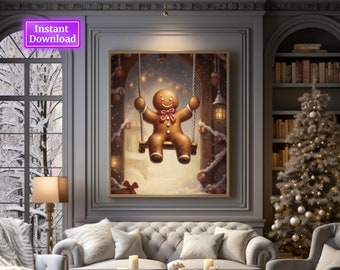 Swinging Cute Gingerbread Man Printable Christmas Wall Art Christmas Decor Christmas Gingerbread Decor Winter Seasonal Christmas Decore