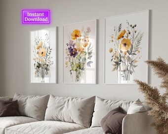 Botanical Wall Art Set of 3, Floral Poster Set, Vintage Botanical Prints, Neutral Home Decor, Gallery Wall Decor, Flower Art