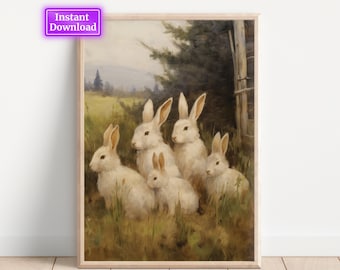 Impresión vintage de conejito: arte de campo primaveral de Pascua (descarga digital)