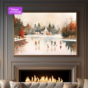 Vintage Winter Wall Art Neutral Christmas Printable Art Ice Skating Print Winter Christmas artful Xmas Printable Rustic Holiday Decor