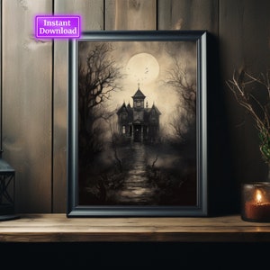 Halloween Vintage Print Spukhaus Wandkunst Dark Academia Print Spooky House druckbare Kunst Digital Download Kunstdruck Halloween Poster