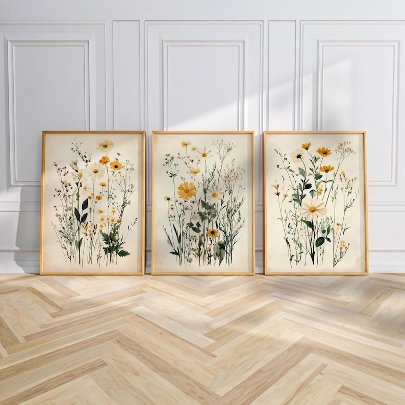 Cottagecore Botanical Triptych Wall Art Set of 3 Oak Framed Wildflower ...