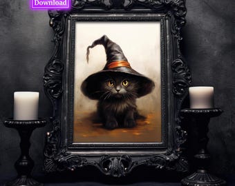 Arte de pared imprimible de Halloween, gato negro, impresión rústica de Halloween, decoración de Halloween, lindo gato negro, pintura de Halloween, temporada espeluznante, gato de Halloween