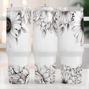 Boho Flowers Black and White 40 oz 2 piece Tumbler Wrap 40oz Sublimation Design Seamless 40oz Tumbler Wrap, Sublimation 40oz quencher PNG