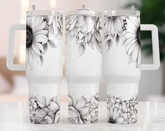 Boho Flowers zwart-wit 40 oz 2-delige beker wrap 40 oz sublimatie ontwerp naadloos 40 oz beker wrap, sublimatie 40 oz quencher, 40 oz sublimatie png PNGEgg