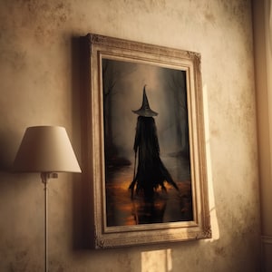 May include: A framed painting of a witch wearing a black pointed hat and robe, walking through a dark forest. The witch is holding a staff and the forest is filled with fog.