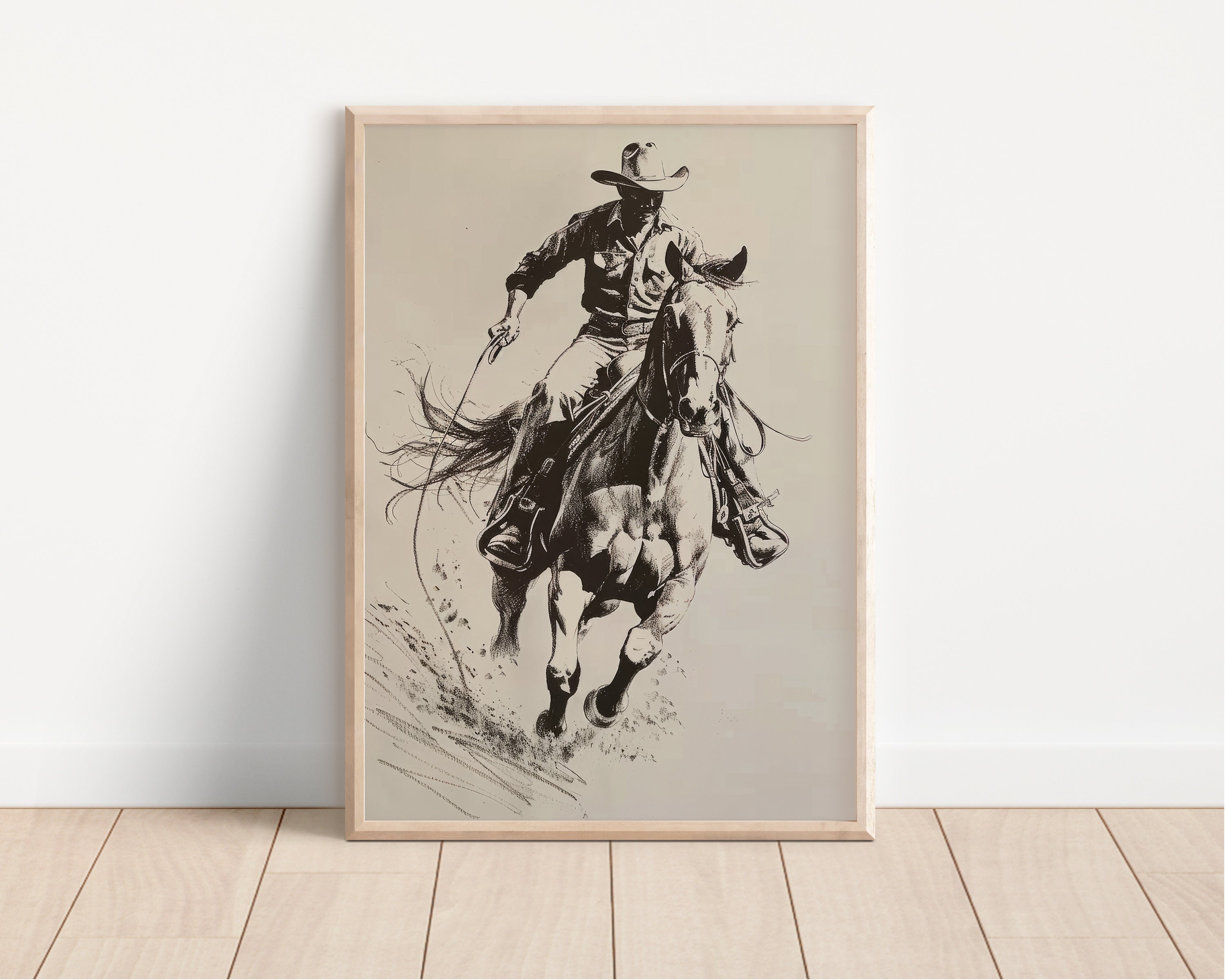 ジェームズイーグル作絵画:ウェスタンカウボーイの棚ペインティング ウエスタンカウボーイスケッチ ヴィンテージウォールアート ミッド