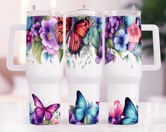 Blue daisy butterflies 40oz Quencher Tumbler Wrap Seamless PNG Tumbler Design Sublimation Designs Downloads Botanical Tumbler Quencher png