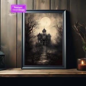 Impresión vintage de Halloween, arte de pared de casa embrujada, impresión de Dark Academia, arte imprimible de casa espeluznante, descarga digital, impresión artística, póster de Halloween