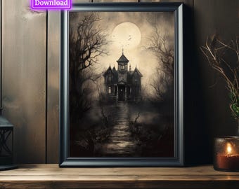 Halloween Vintage Print Haunted House Wall Art Dark Academia Print Spooky House Printable Art Digital Download Art Print Halloween Poster