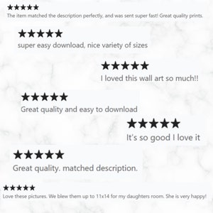 May include: Five-star reviews for digital wall art prints. The reviews highlight the ease of download, the variety of sizes available, and the high quality of the prints. One review mentions printing the art at 11x14 inches for a child's room.