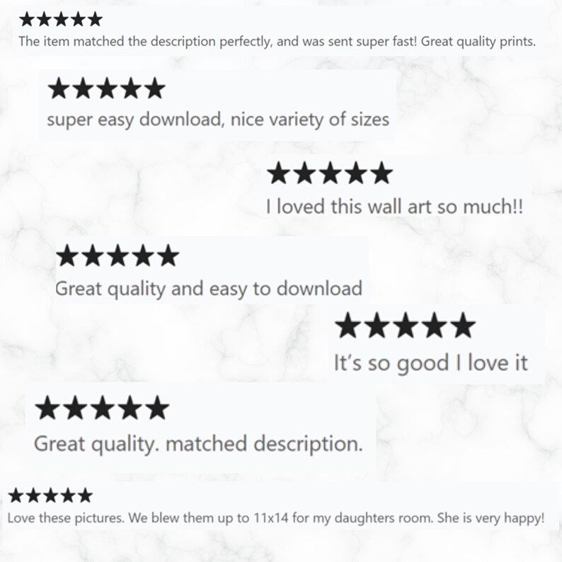 May include: Five-star reviews for digital wall art prints. The reviews highlight the ease of download, the variety of sizes available, and the high quality of the prints. One review mentions printing the art at 11x14 inches for a child's room.