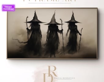 Cornice di Halloween, arte TV, dipinto vintage di strega, decorazione autunnale rustica da strega, carta da parati suggestiva, salvaschermo dark academia, download digitale