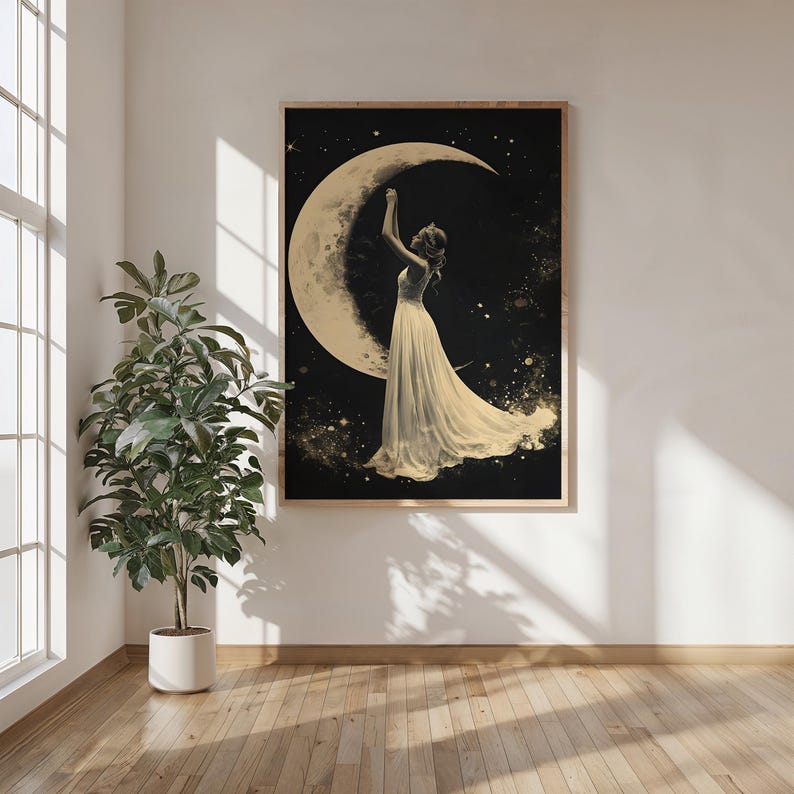 Moon Goddess Wall Art Vintage Lunar Lady Portrait Celestial Decor ...
