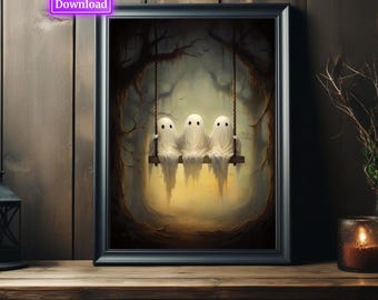 Cute Ghost Painting Victorian Gothic Cute Horror Creepy Goth Wall Art Vintage Oil Painting Occult Art Print Dark Home Decor Ghost Print
