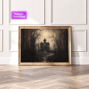 Impresión vintage de Halloween, arte de pared de casa embrujada, impresión de Dark Academia, arte imprimible de casa espeluznante, descarga digital, impresión artística, póster de Halloween
