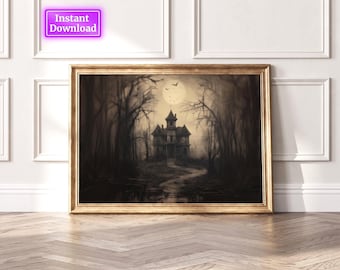 Halloween Vintage Print Haunted House Wall Art Dark Academia Print Spooky House Printable Art Digital Download Art Print Halloween Poster