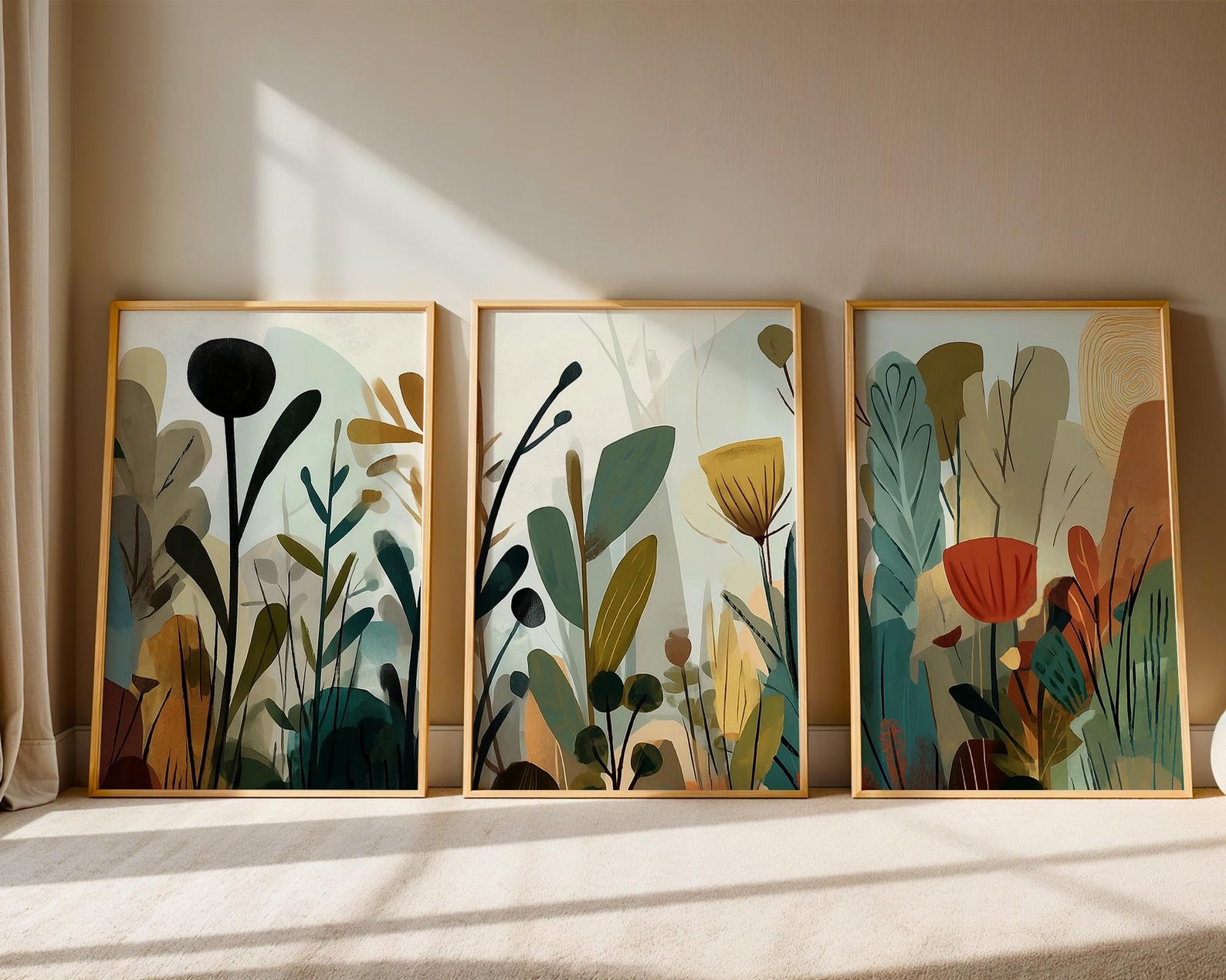 Mid Century Flowers Triptych, Botanical Wall Art Set of 3, Floral Wall ...