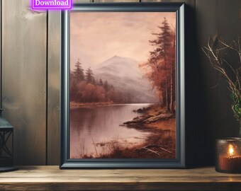 Moody Autumn Lake Painting: Rustic Fall Wall Decor (Digital Download)