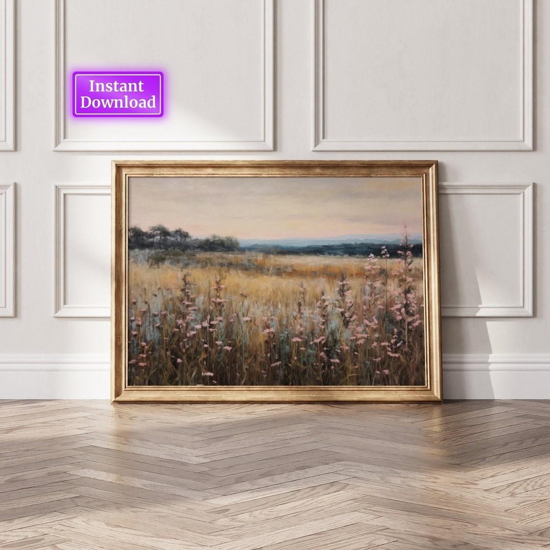 Printable Wildflower Field Landscape Oil Painting Vintage Landscape Art ...