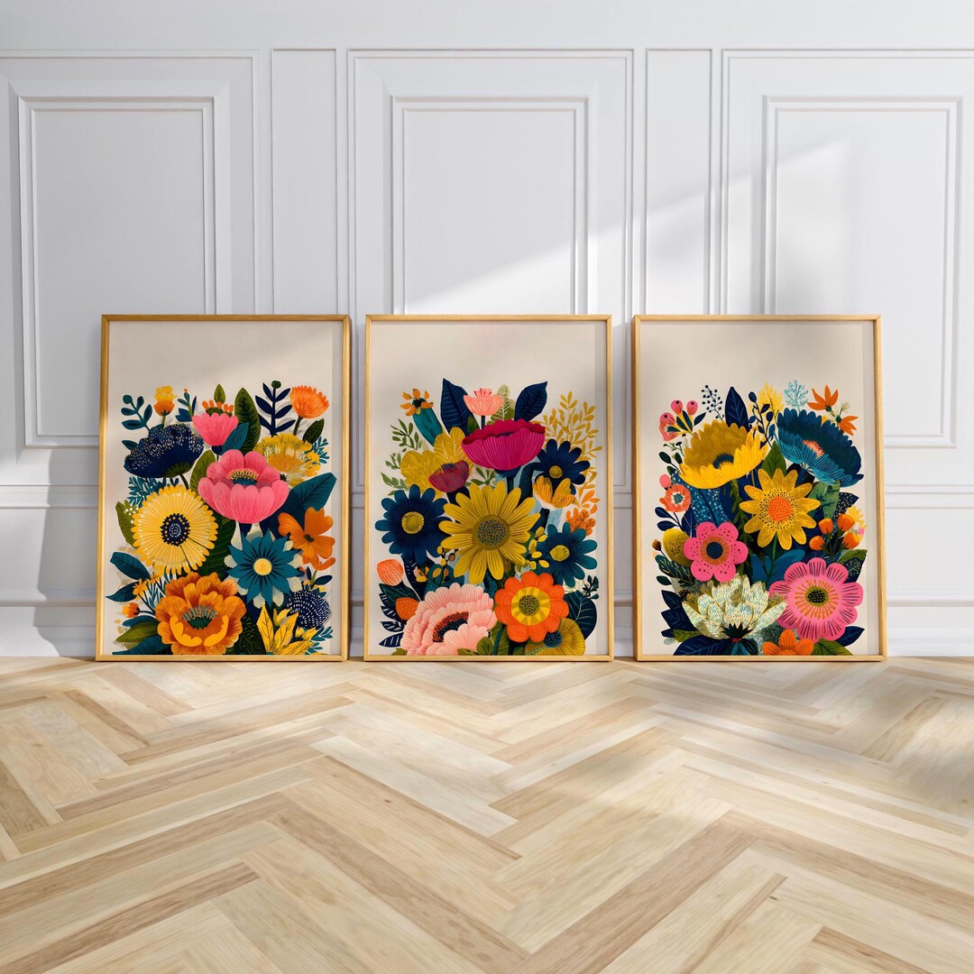 Colorful Botanical Prints Set of 3, Modern Floral Wall Decor, Vibrant ...
