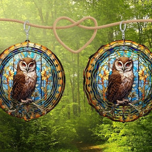 Owl Wind Spinner Stained Glass Sublimation Design Template Wind Spinner PNG 10 inch Round Sublimation Round Hanging Spinner design 3d effect
