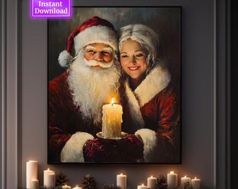 Moody Vintage Santa Wall Art Print Rustic Oil Painting Style Dark Christmas Decor Mr & Mrs Santa with Candle Digital Download
