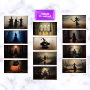 Può includere: Un set di 12 illustrazioni digitali stampabili di Halloween con streghe, gatti, fantasmi e case stregate. Le illustrazioni sono in uno stile scuro, fantasioso con un tocco vintage.
